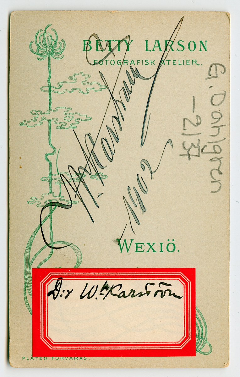 På kuvertet står följande information sammanställd vid museets första genomgång av materialet: Dr. W. Karström 1902