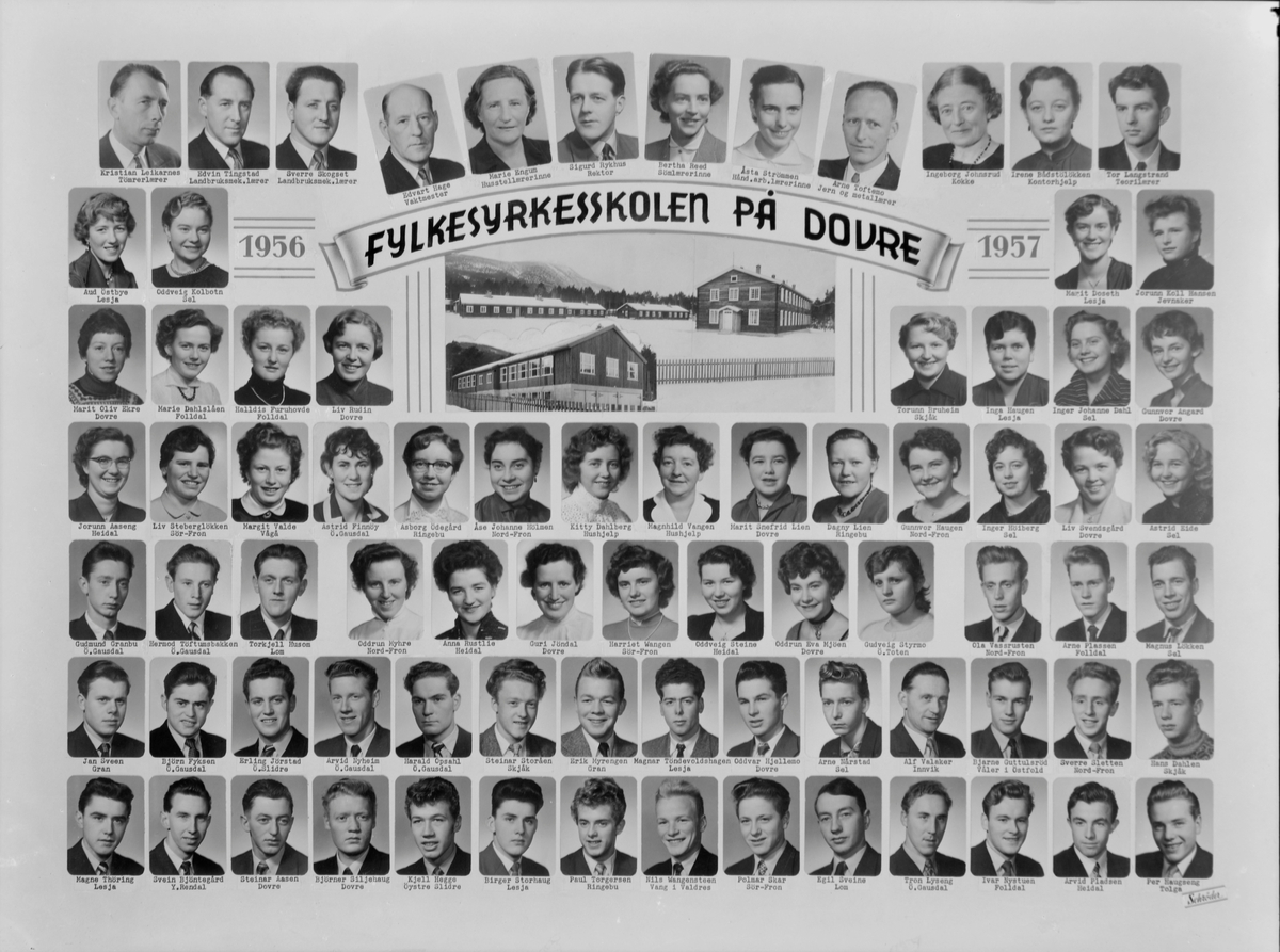 Elever og lærere ved Fylkesykesskolen på Dovre 1956 - 1957