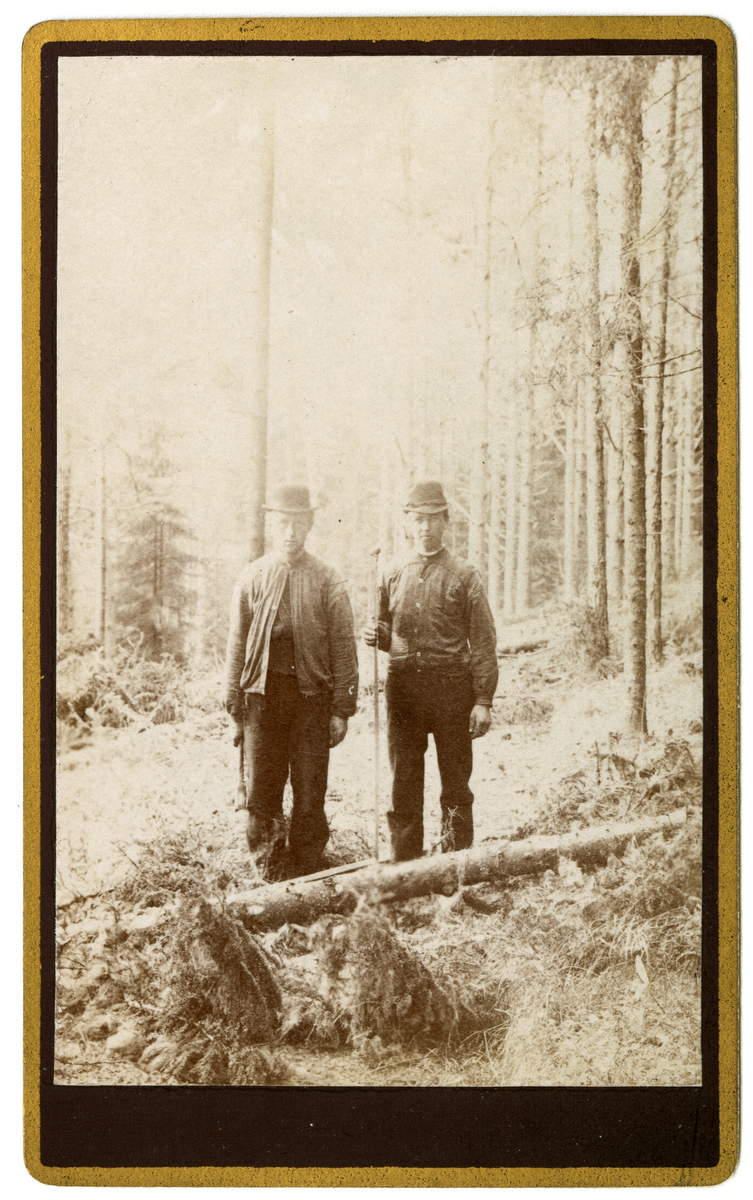 Foto av ukjente menn på Dal gård, ca. 1875 - 1885. Muligens tømmerhoggere?