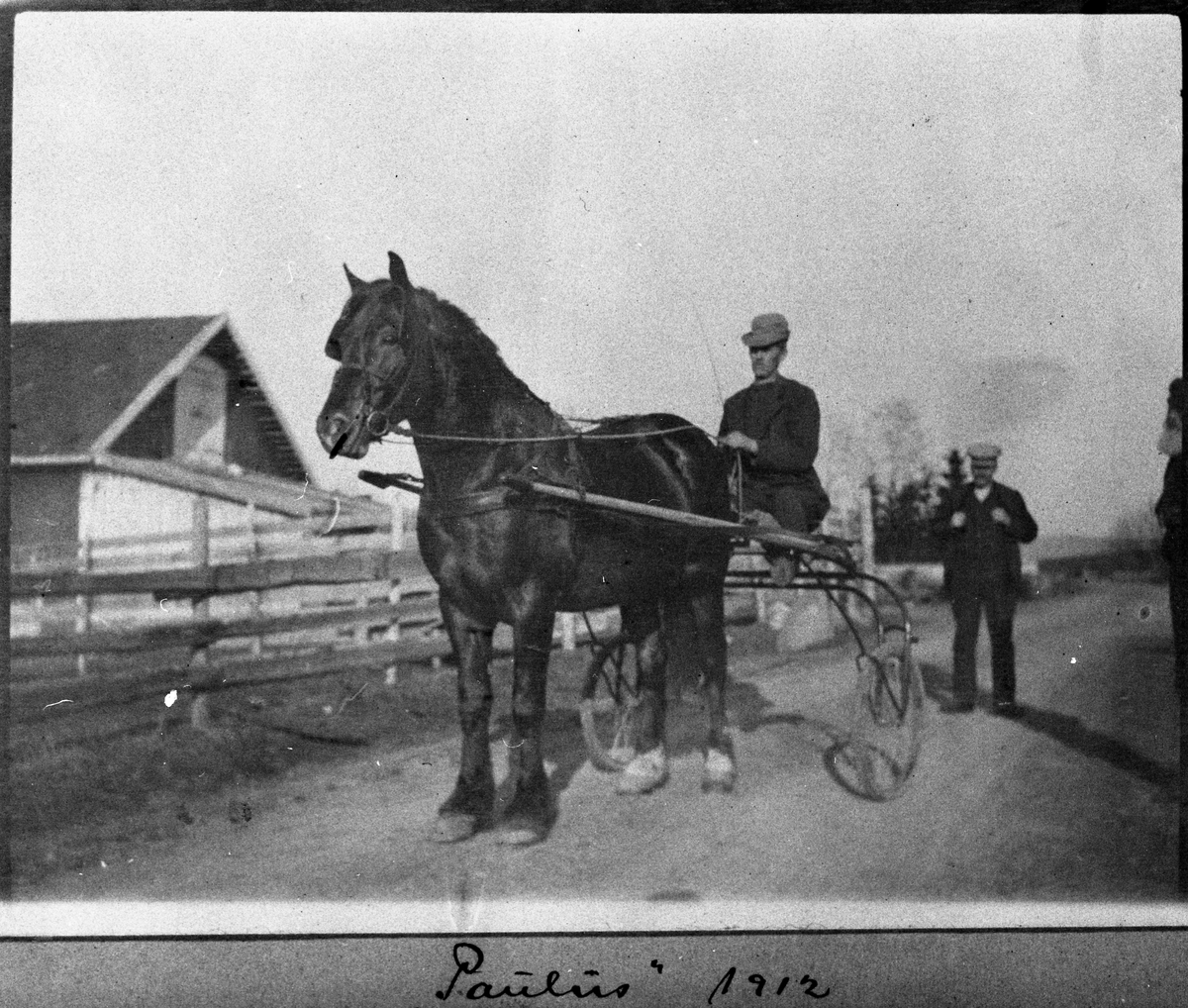 Hest og sulky 1912. Ukjente menn. Låve i bakgrunnen. Ingen informasjon foreligger.