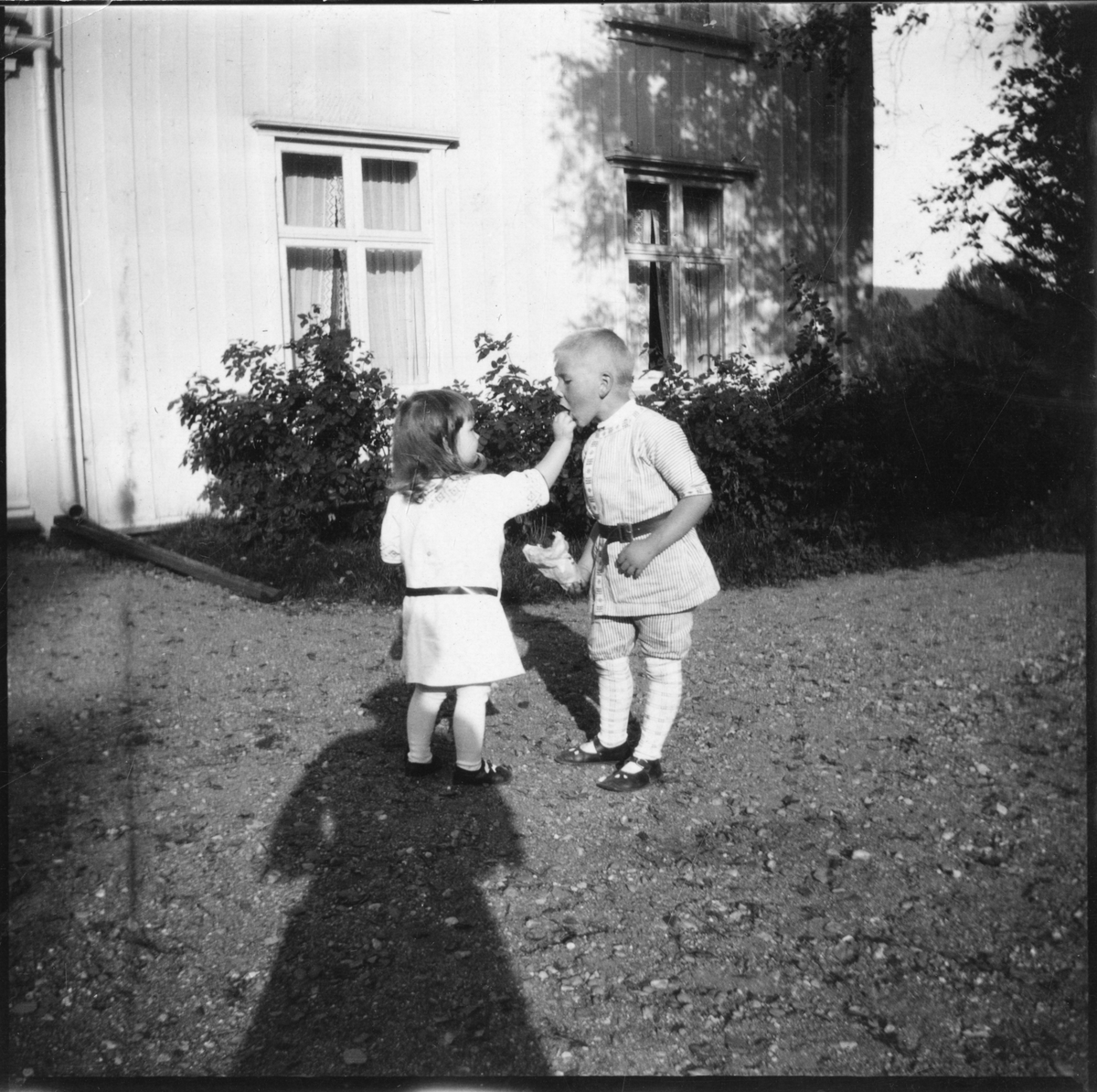 Foto av søsknene Nils Fredrik og Cecilie Aall utenfor hus i Dal, 1919. Cecilie mater sin bror. Skyggen viser at en kvinne har tatt foto
