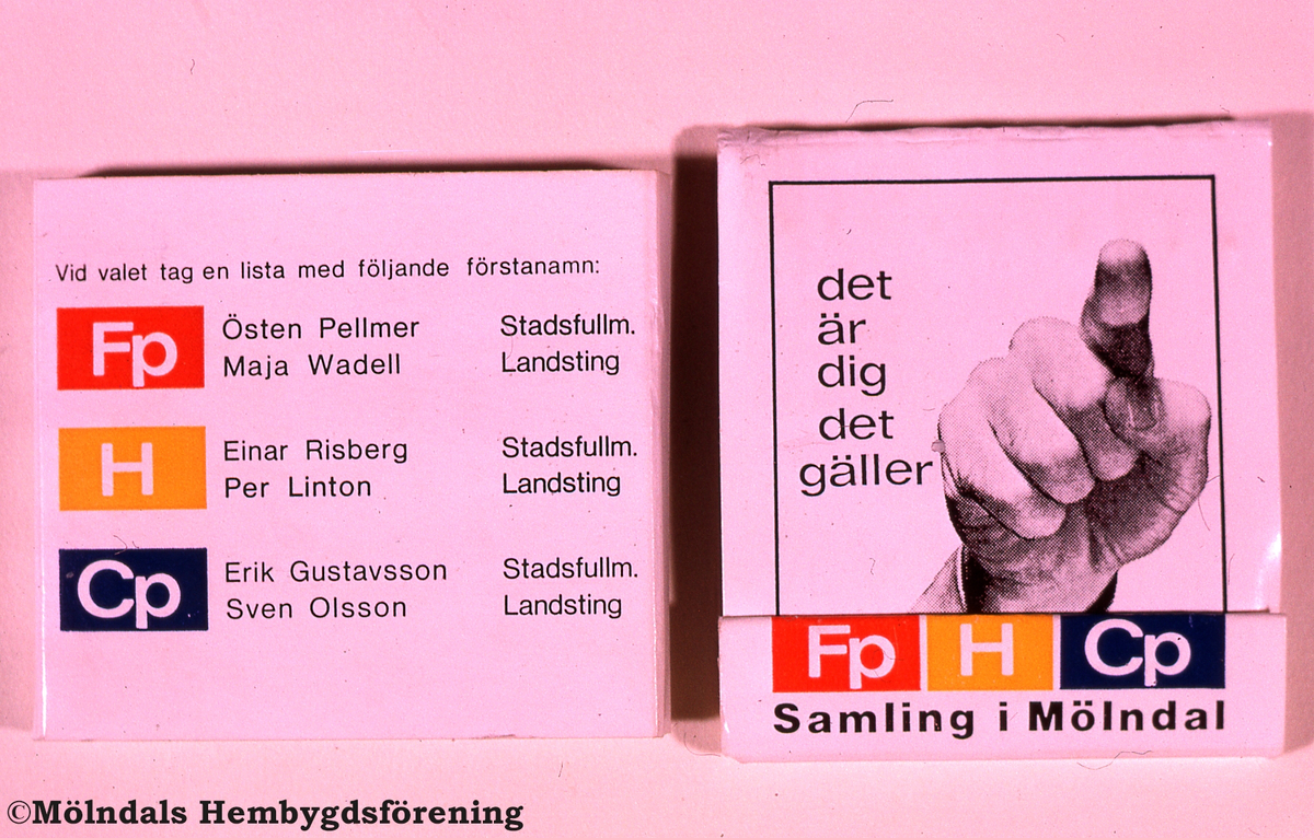 Mölndal, år 1966. Samling i Mölndal hade skaffat reklamartiklar, bland annat tändsticksaskar med tryckt Fp, H och C.