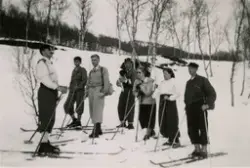 Elleve mennesker med ski. Skitur i Valnesfjord på 1950-talle