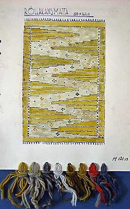 Två färgskisser och garnprov till röllakansmatta i grå, gula, och orange nyanser till matta i storlek 150 x 220 cm. 

a. Skiss i storlek 14 x 21 cm 
b Skiss i storlek 20,5 x 29 cm

.