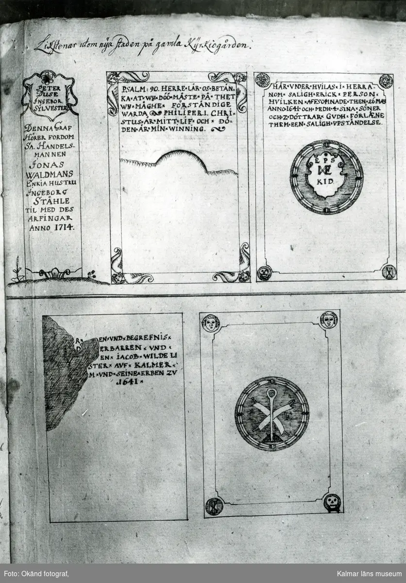 Gamla kyrkogården. Teckning av P. Frigelius i Analecta Frigeliana, Kalmar läroverks bibliotek.