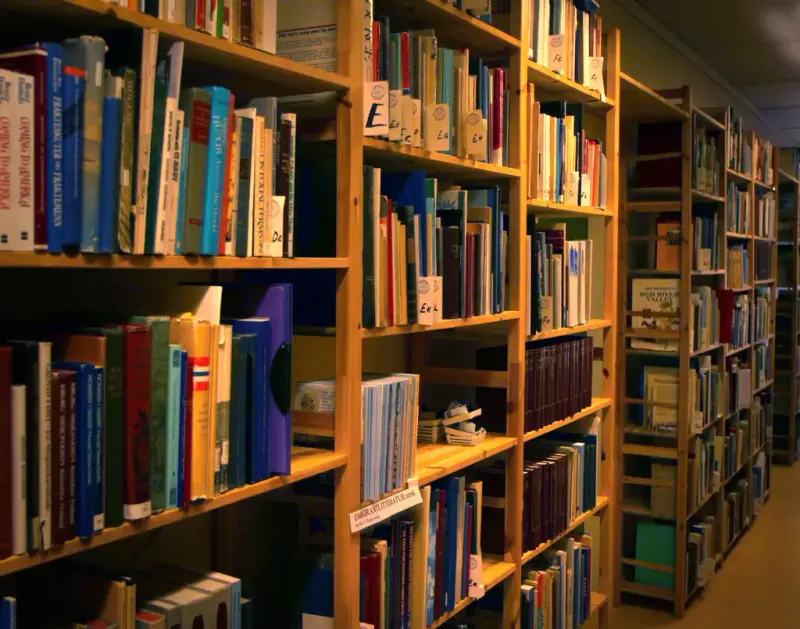 Bokhyller fylt med bøker. Bokrygger og bibliotekets bokstav-inndeling er synlig.