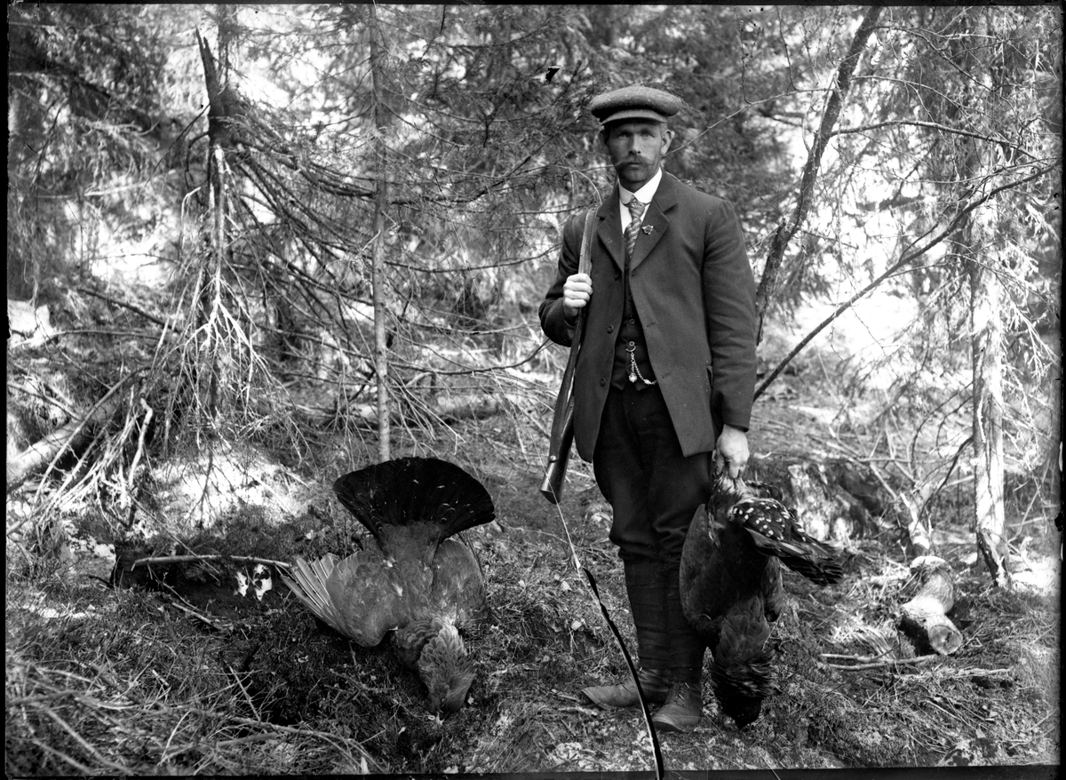 Portrett av mann med gevær på tiurjakt. Martin Romsdalen 

Fotosamling etter fotograf og skogsarbeider Ole Romsdalen (f. 23.02.1893).