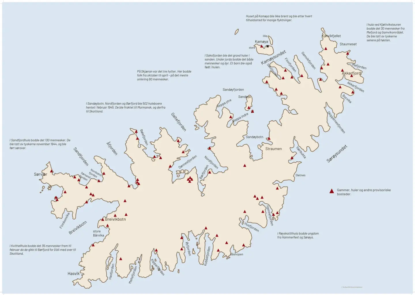 Kart over Sørøya med trekanter som markerer huler og gammer der mennesker skjulte seg vinteren 1944-45.