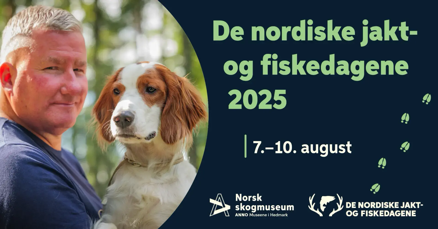 De nordiske jakt og fiskedagene 2025 - 7. - 10. august - hovedbanner for arrangementet, en mann står å holder en hvit og brun hund i armene. 