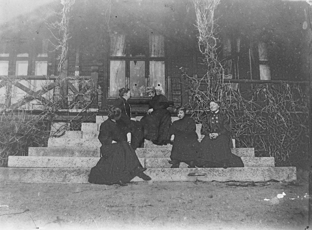 Fem kvinner fra fam. Klouman på havetrappen en vårdag i 1906.