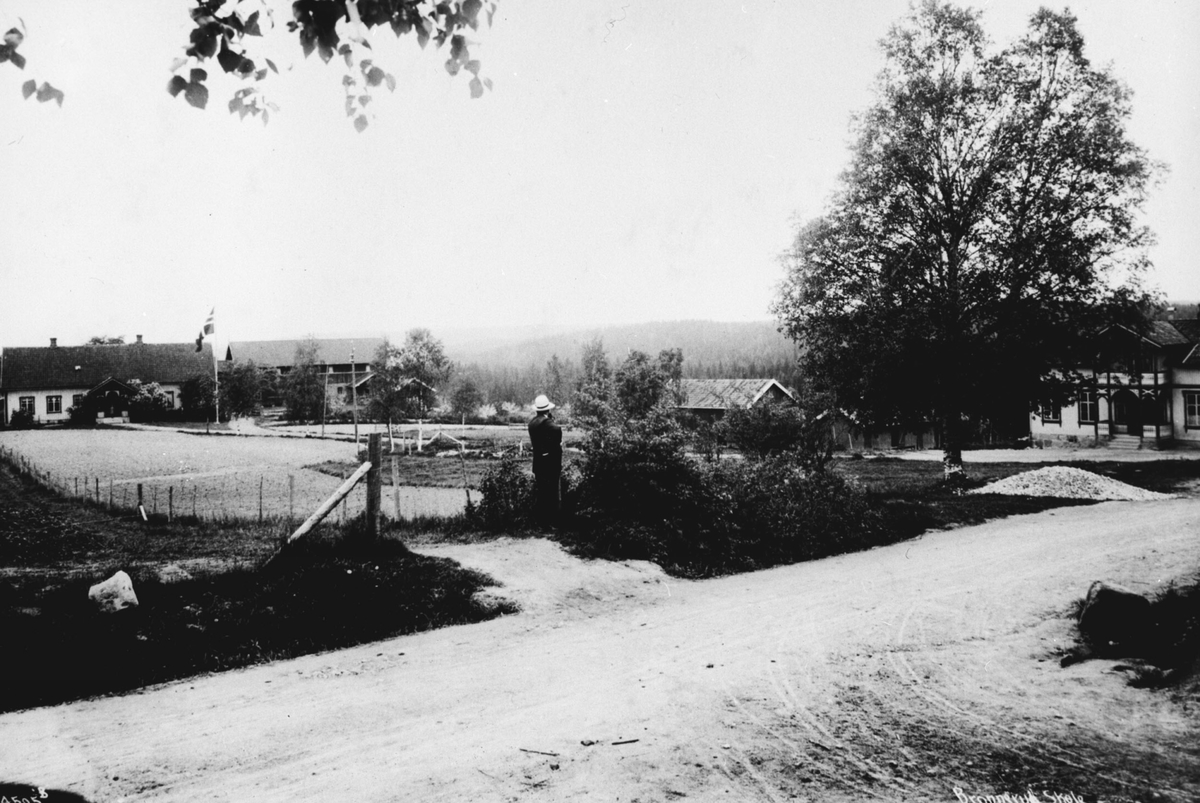 Til v. den gamle skole- og herredsstyrebygningen. Til høyre Brønnerud skole fra 1886, het dengang Aas skole. Sett fra Kongeveien 1913.