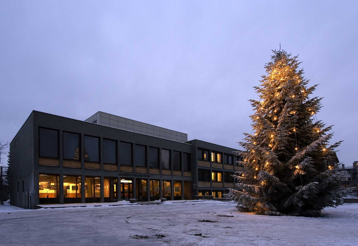 Julebelysning.

Juletreet med hvite lyslenker utenfor Akershus fylkesmuseum 2005