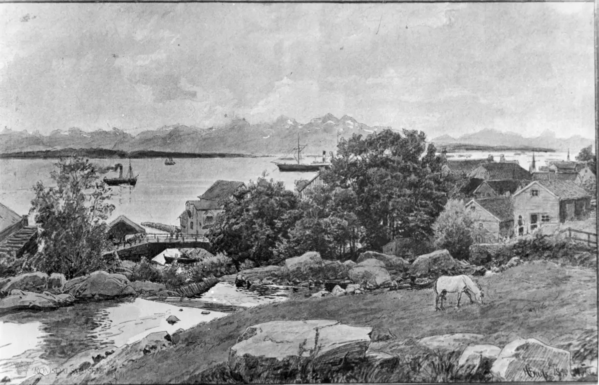 Etter akvarell av Gude 1890. Huset til høyre Sylte i Spolertbakken. "Nedre Bro" ned til venstre. Like over broa til høyre Jervells eiendom og sjøpakkhus..