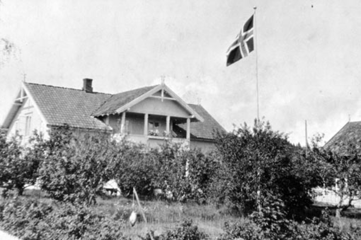 Eksteriør Freberg landhandleri, Nes, Hedmark. Flaggstang med flagg.