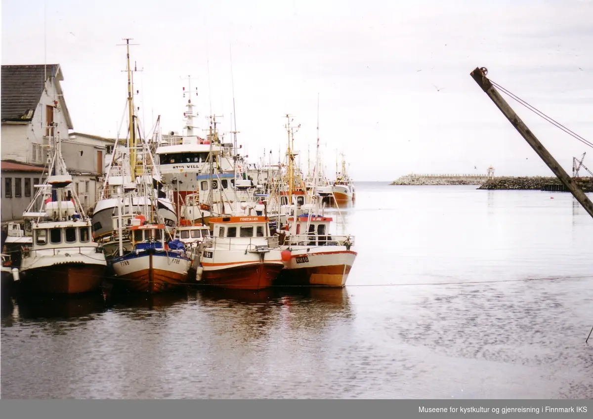 Fiskebåter ved Th. Ulves fiskebruk. I høyre bildekant vises "dronninga" til krana på gamle ekspedisjonskaia. 1992