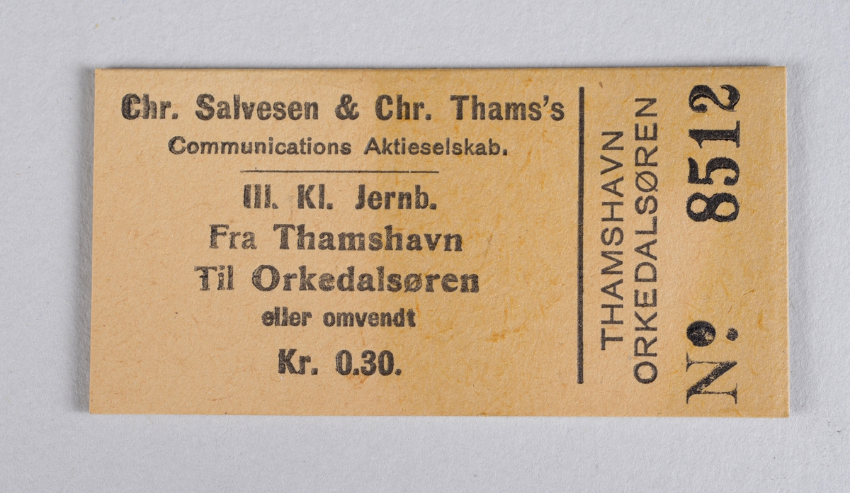 Rektangulær billett i papp for reise med Thamsbanen.