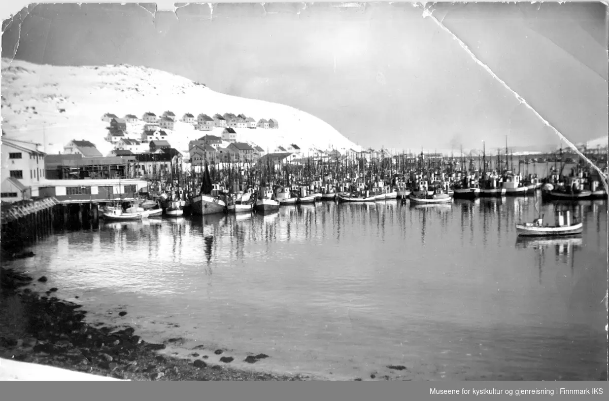 Havøysund på 1950-tallet. Fiskebåter i hamn.