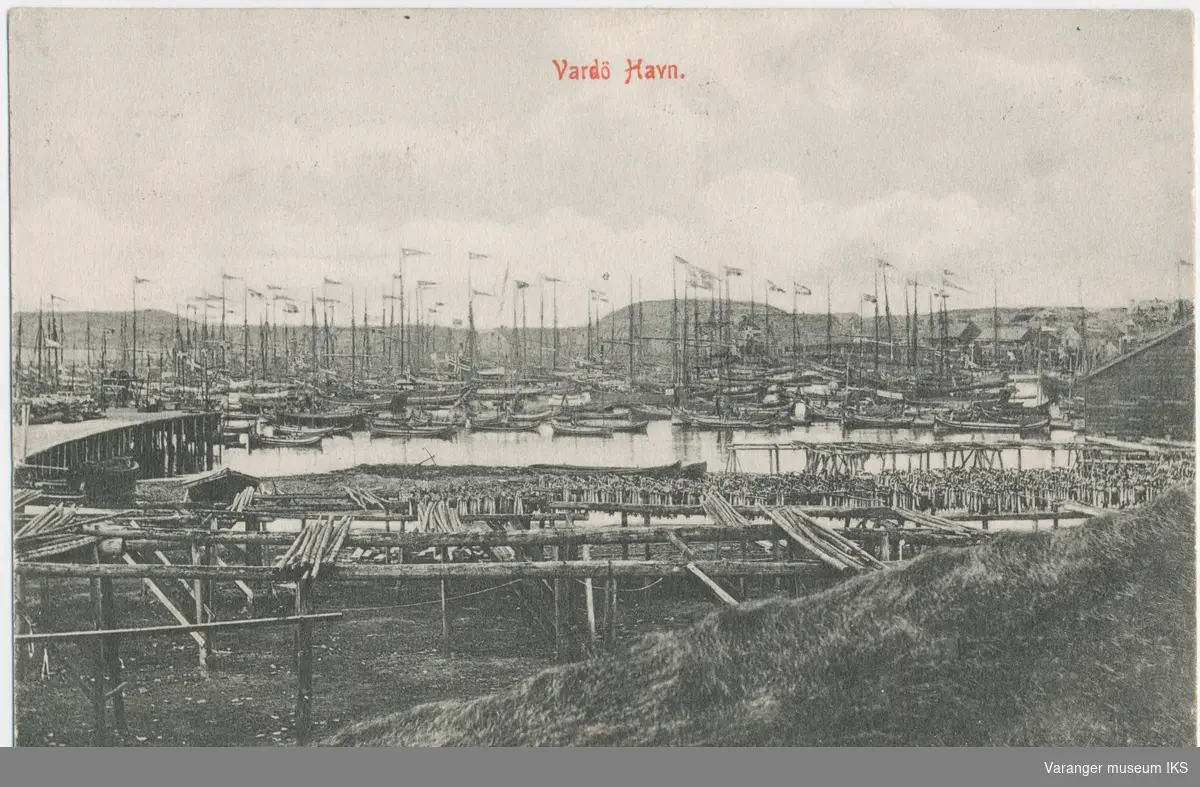 Postkort, Nordre Våg full av båter, fiskehjeller i forgrunnen, Reinøya og Hornøya i bakgrunnen, antatt 17. mai 1892