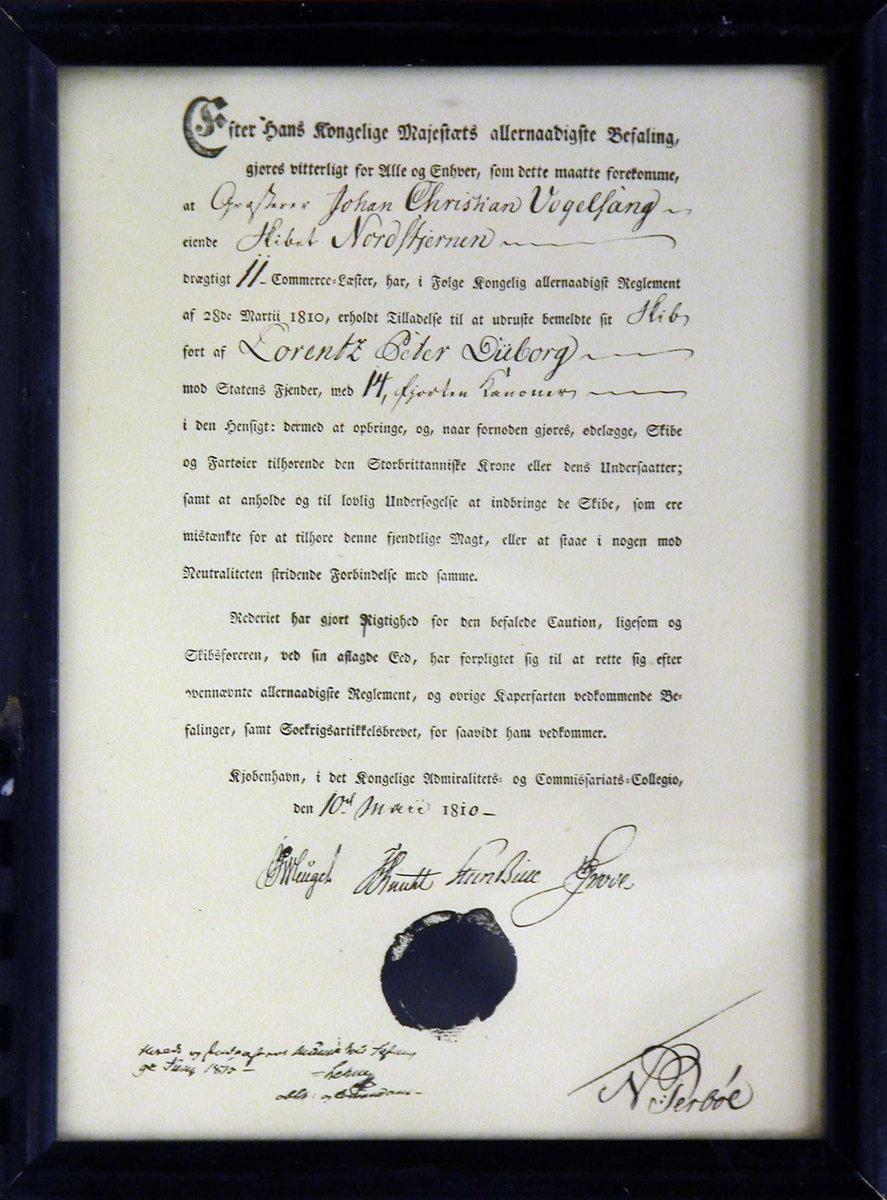 Kopi av dokument/ brev skrevet av Det Kongelige Admiralitets - og Commissariat Collegio i København i 1810 angående kaperfarten.