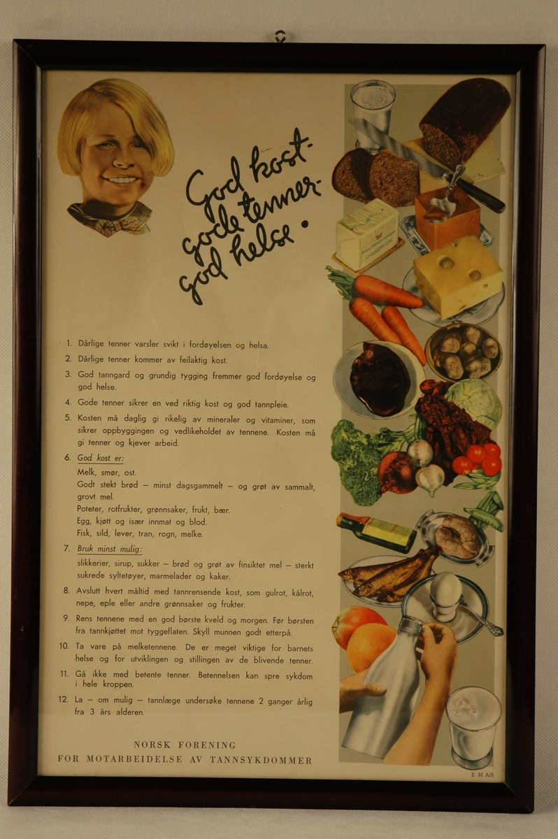 Matvarer og tekst i 12 punkter som kampanje for god tannhelse.