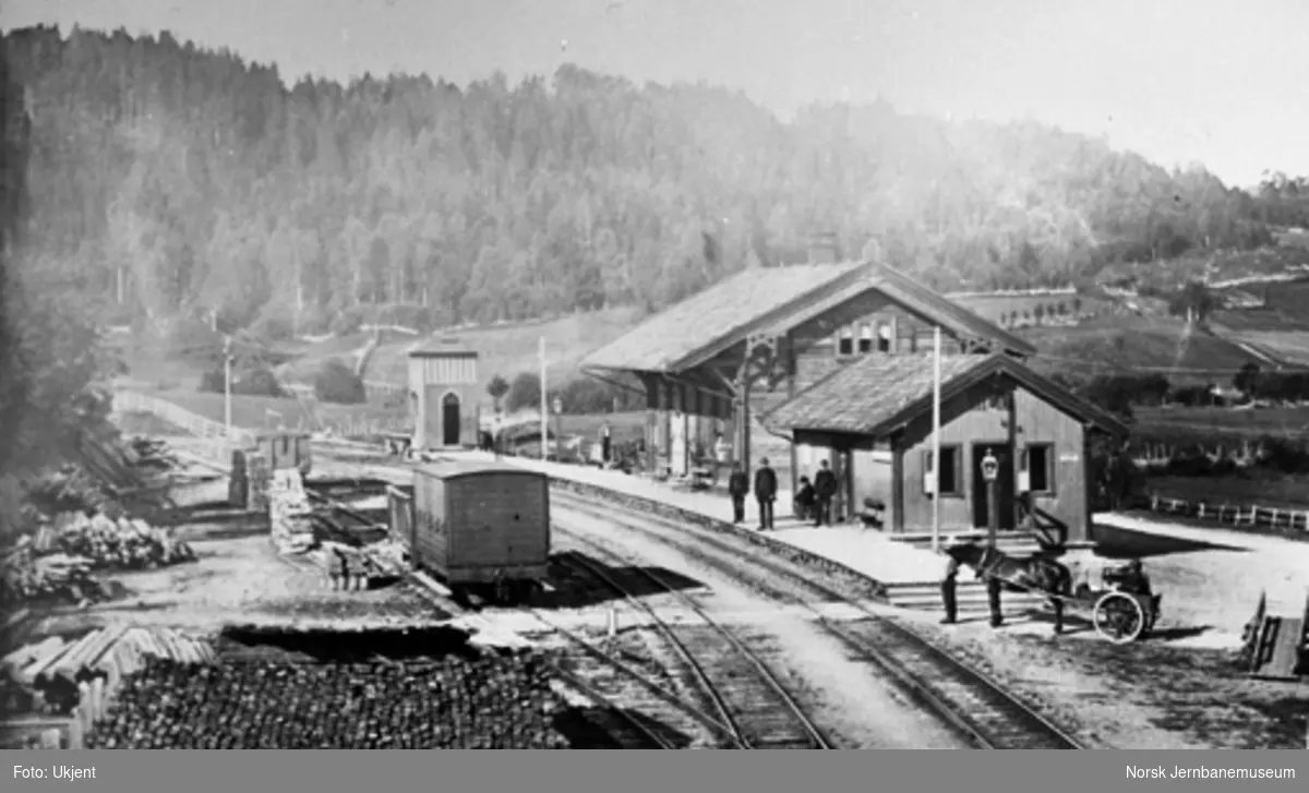 Asker stasjon med hest og vogn og noen godsvogner på stasjonen