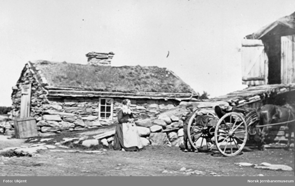 Gård i Rørostraktene med hus bygget av stein, noe av låvebrua, bondekona, en gutt og en hest med vogn i forgrunnen