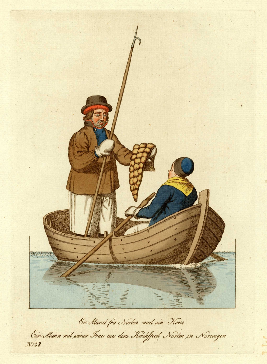 Mann og kone i folkedrakter fra Nordlen(?) i robåt, hun ved årene, han står med en båtshake i høyre hånd og ? i venstre.