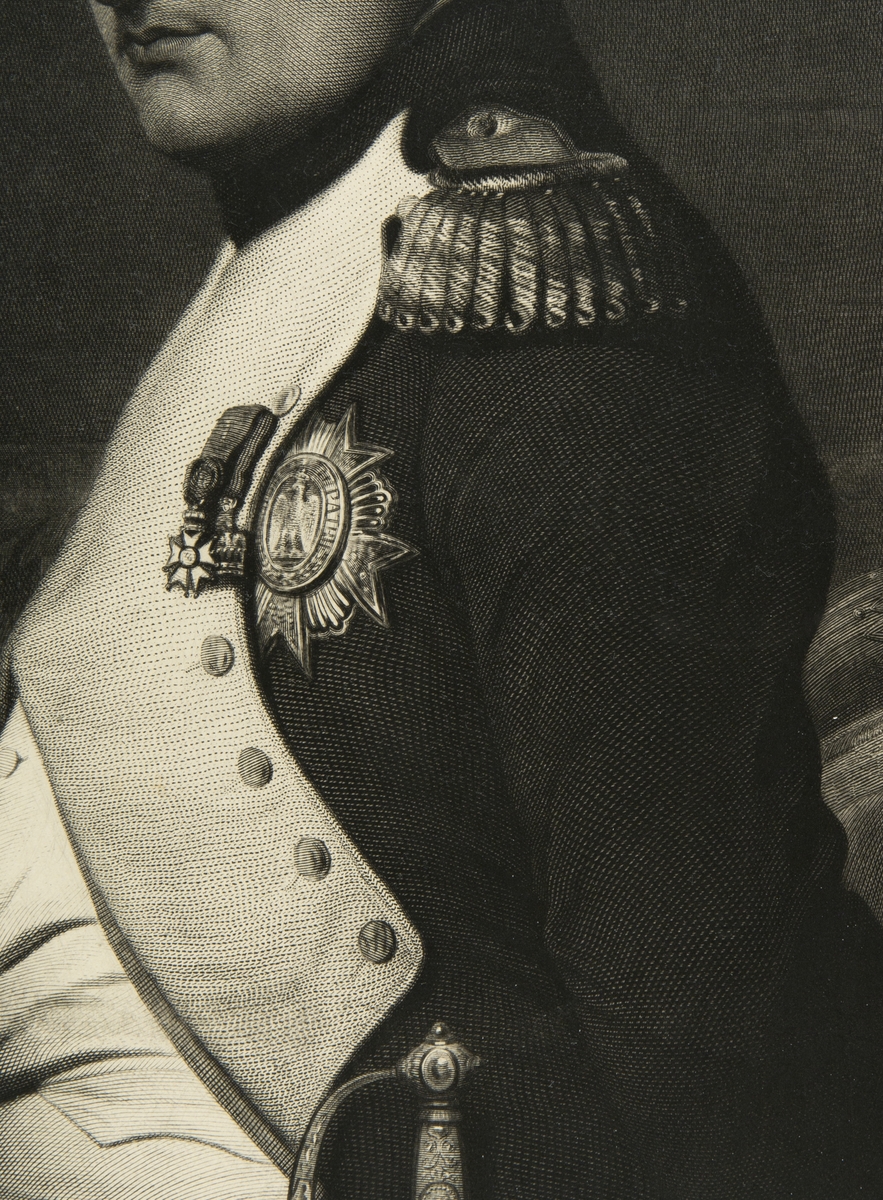 Napoleon i uniform med ordener, halvfigur, venstrevendt.