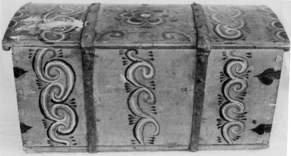 Kiste med svakt buet lokk. Malt dekor på alle sider og jernbeslag.