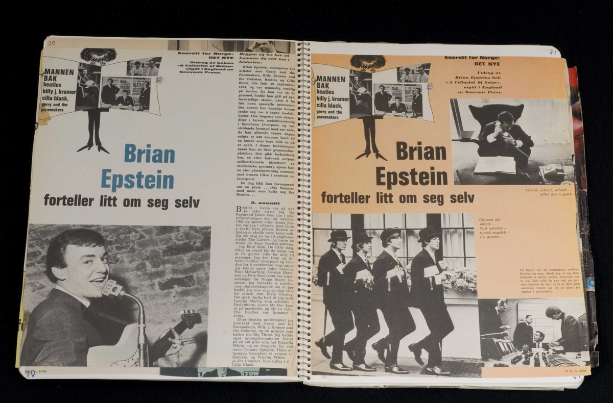 Spiralblokk med ulinjerte ark. Innlimte klipp fra tidsskrifter og aviser om popgruppen Beatles på 1960-tallet. Håndnummererte sidetall og håndskrevne kommentarer. Avisfoto av gruppen på forsiden.
Lysegrønne permer av tynn papp. Håndskrevet med rød kulepenn på forsiden.
