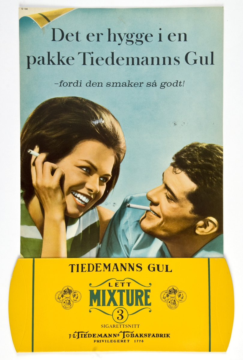 Reklameskilt for Tiedemanns Gul tobakk.