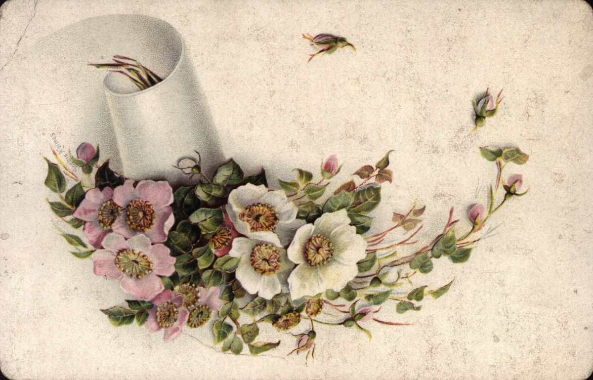 Postkort. Jule- og nyttårshilsen. Blomstermotiv. Nyperoser. Datert julen 1887.