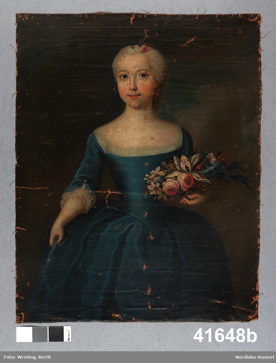 Porträtt, yngling i ljus peruk. a)
Porträtt, flicka med blomsterkorg. b)
Porträtt, man i vit allongeperuk. c)