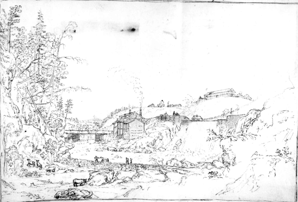 Fossum Verk, Bærum, Akershus. Landskap med bebyggelse, elv og bru. Blyantskisse av John Edy fra "Drawings Norway 1800."
