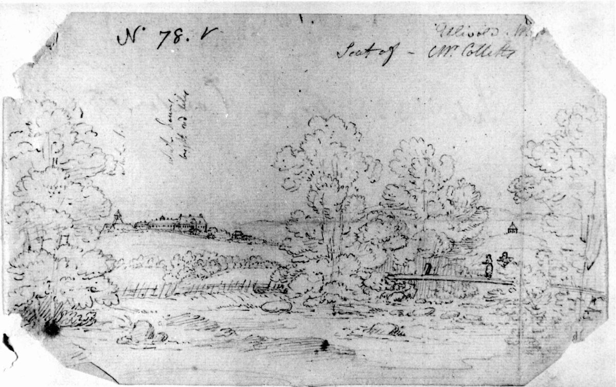 Blyantskisse av John Edy, som viser tegnet landskap fra  Ullevål i Oslo
Fra skissealbum av John W. Edy, "Drawings Norway 1800".