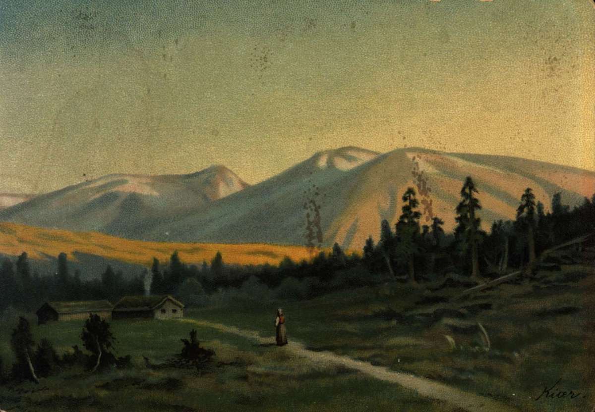 Postkort. Julehilsen. Sommermotiv. En kvinne er på vei mot et tun. Landskap med skog og fjell i bakgrunnen. Datert 22.12.1892.