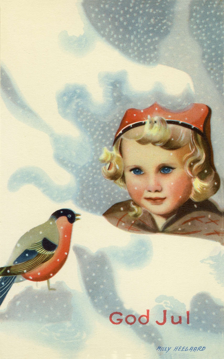 Julekort. Jule- og nyttårshilsen. Tegning. Vintermotiv. En liten jente sitter i snøen og ser på en dompap. Illustert av Milly Heegaard.