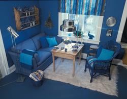 "Farger i harmoni". Møblert blått rom. Nye Bonytt 1975-1.