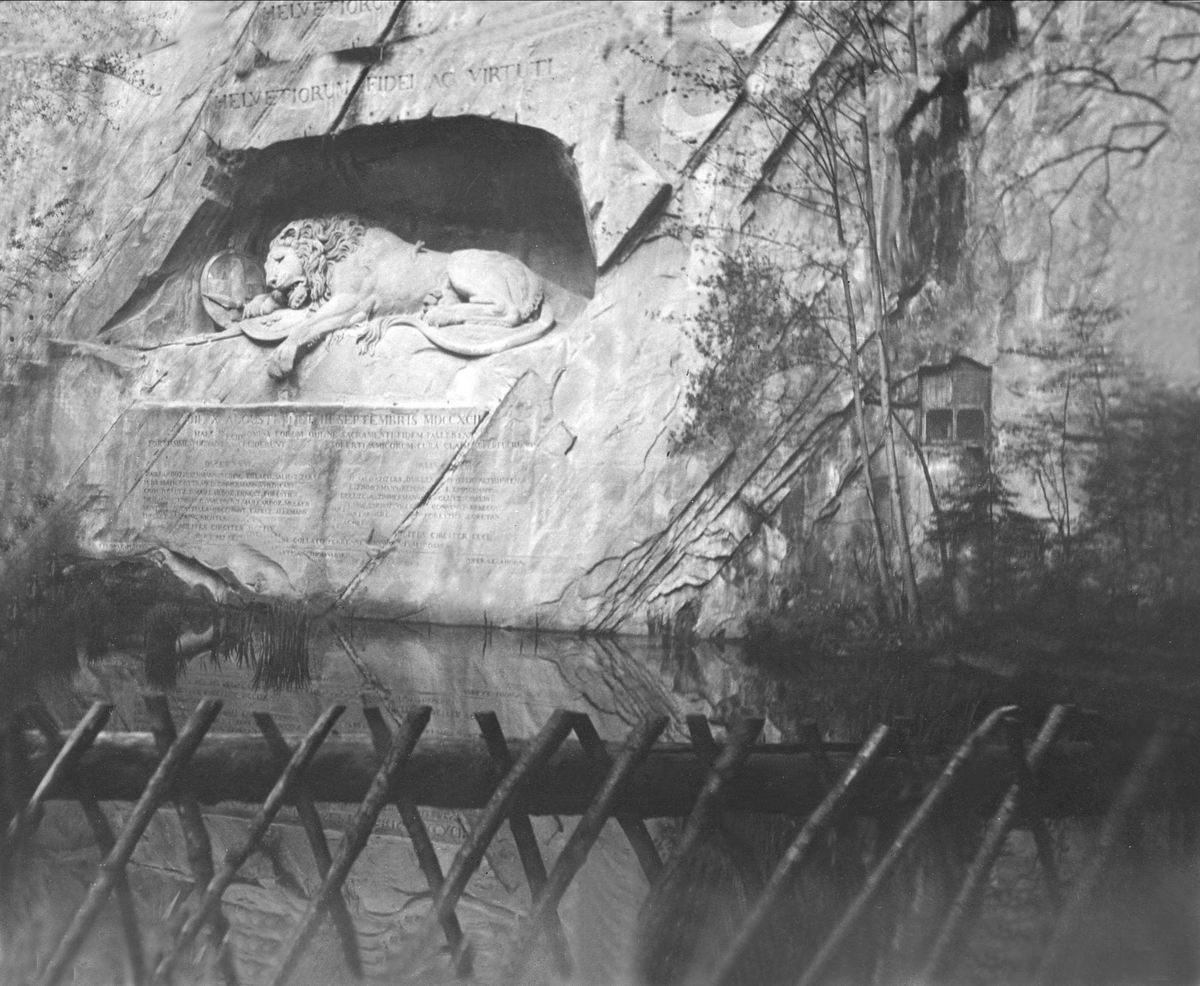 Et monument av en løve hogget i stein inn i fjellet. Robsahm og Lund.
