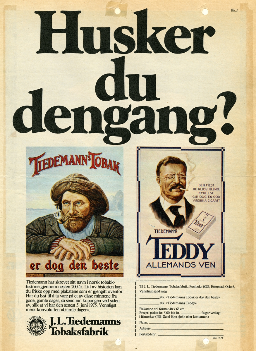 Annonse fra 1975 for salg av gamle reklameplakater fra Tiedemanns Tobaksfabrik. - Norsk Folkemuseum DigitaltMuseum