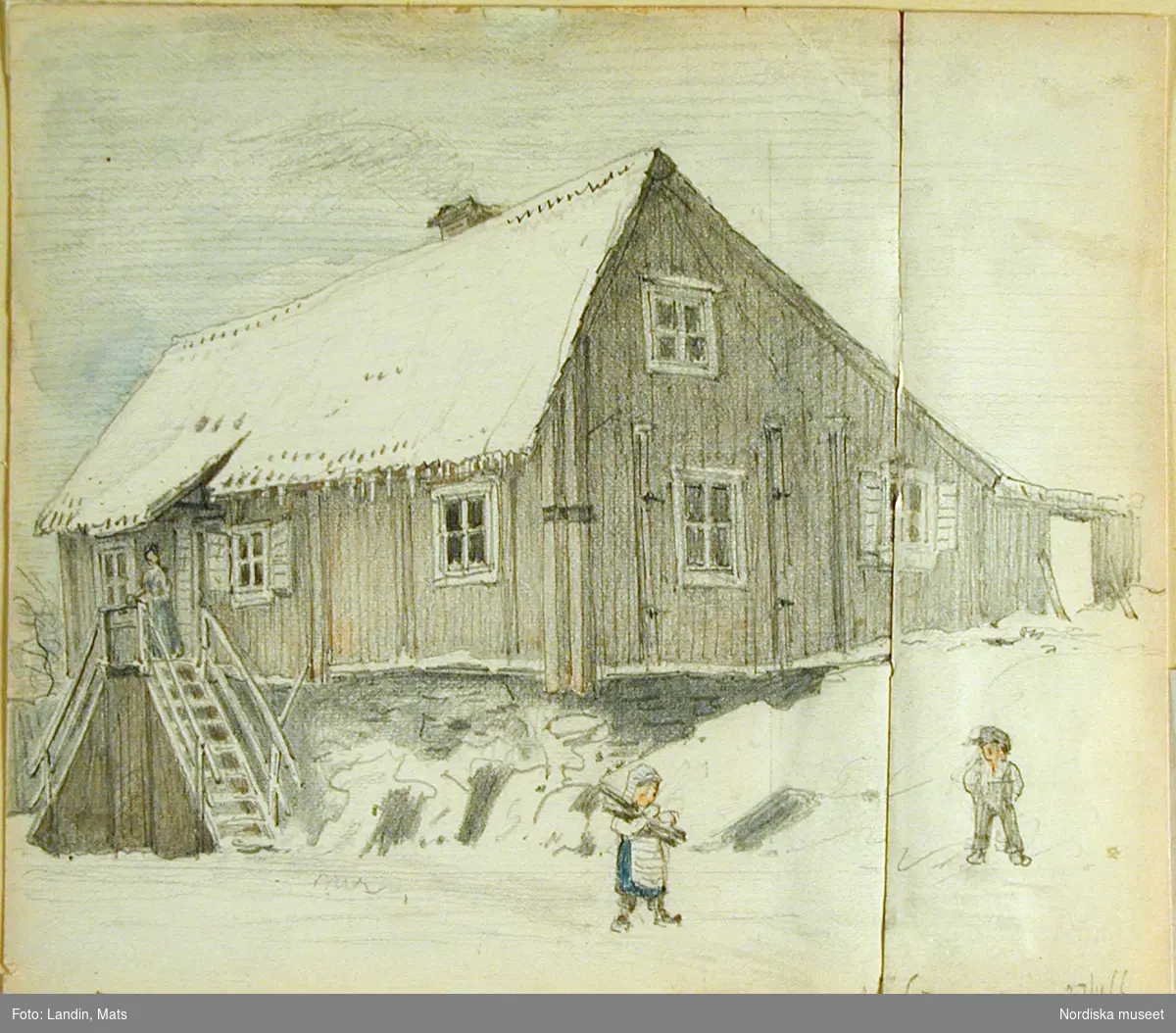 Akvarell av A T Gellerstedt. Vintermotiv med barn och kvinna utanför ett enkelt bostadshus i Stockholm.