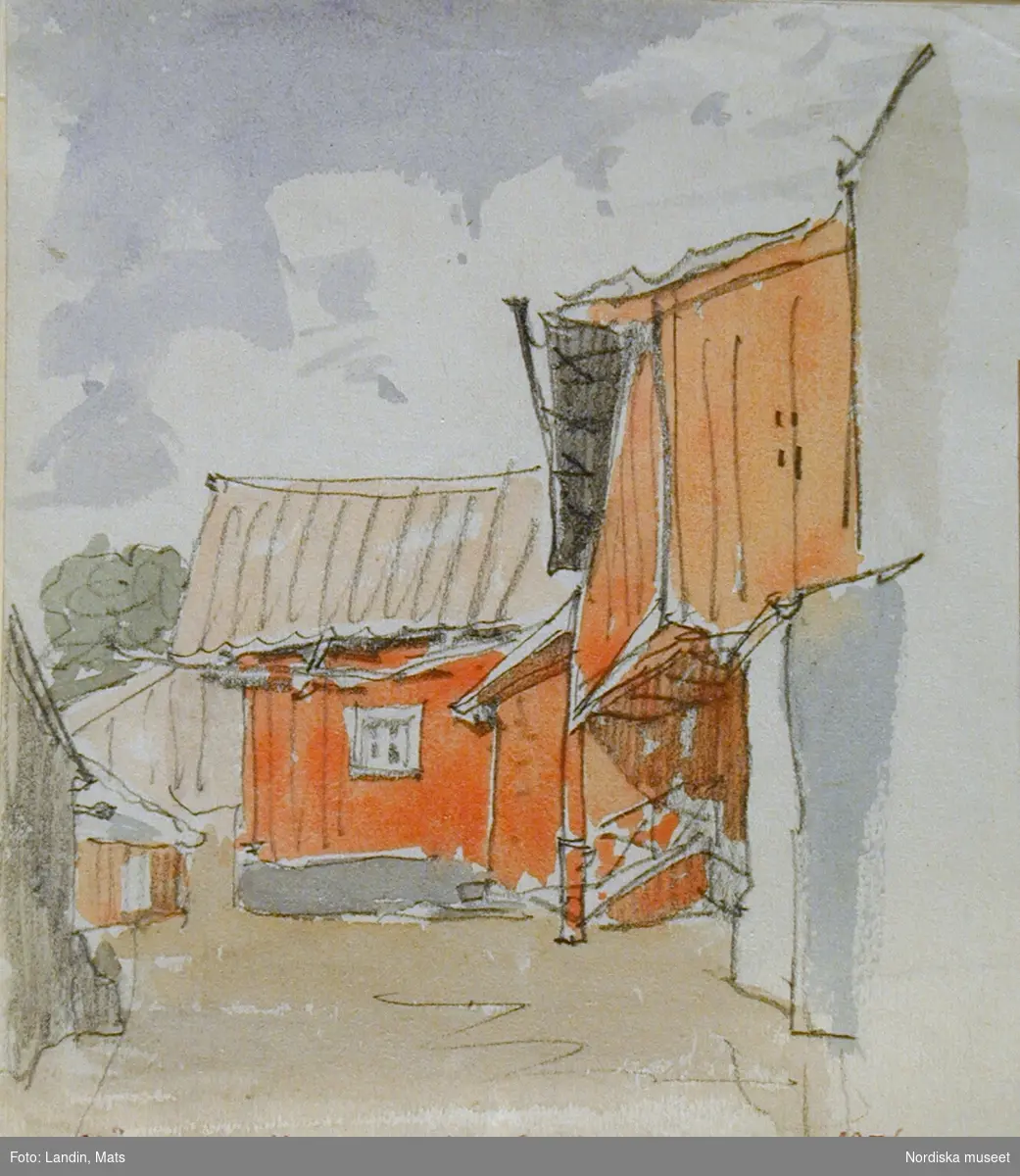 Akvarell av A T Gellerstedt. "Gårdsinteriör i hörnet Stora Humlegårdsgatan och Grev Turegatan 1876."