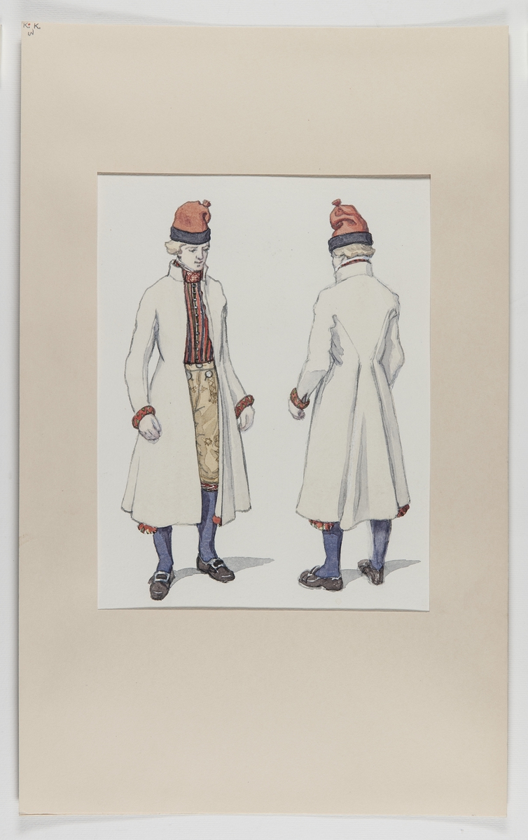 Gillesdräkt för män. Mansdräkt, Nås Socken, Dalarna. Akvarell av Emelie von Walterstorff.