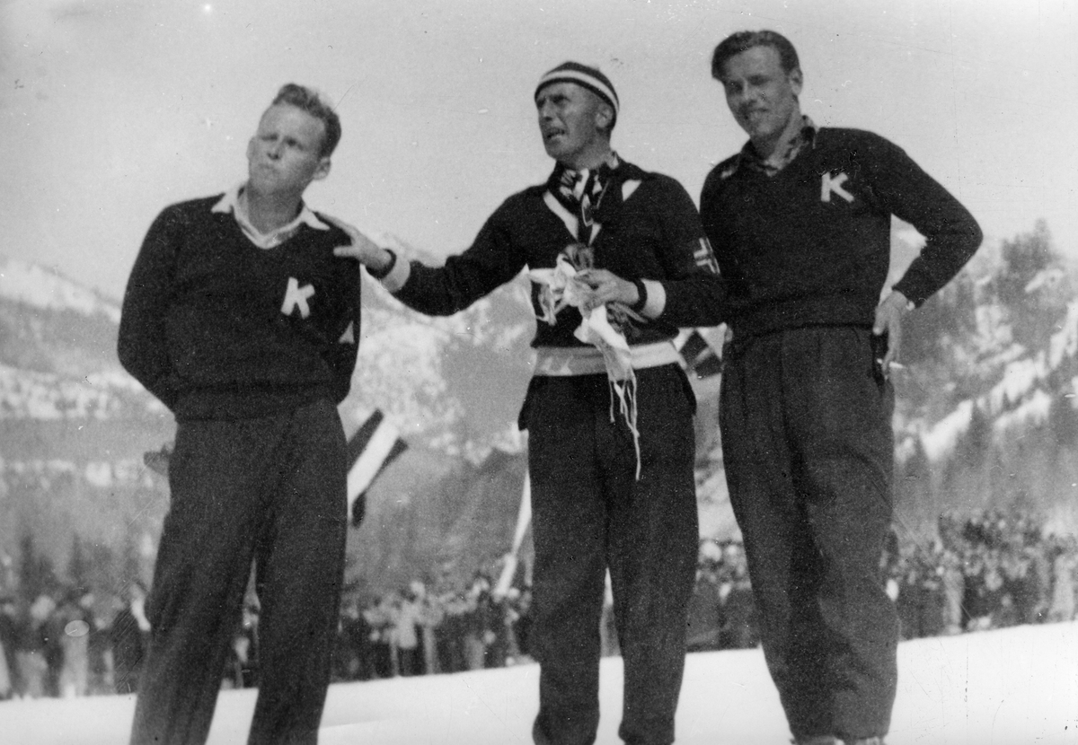 Øivin Alstad, Randmod Sørensen, Olav Ulland during a jumping competition in Planica.