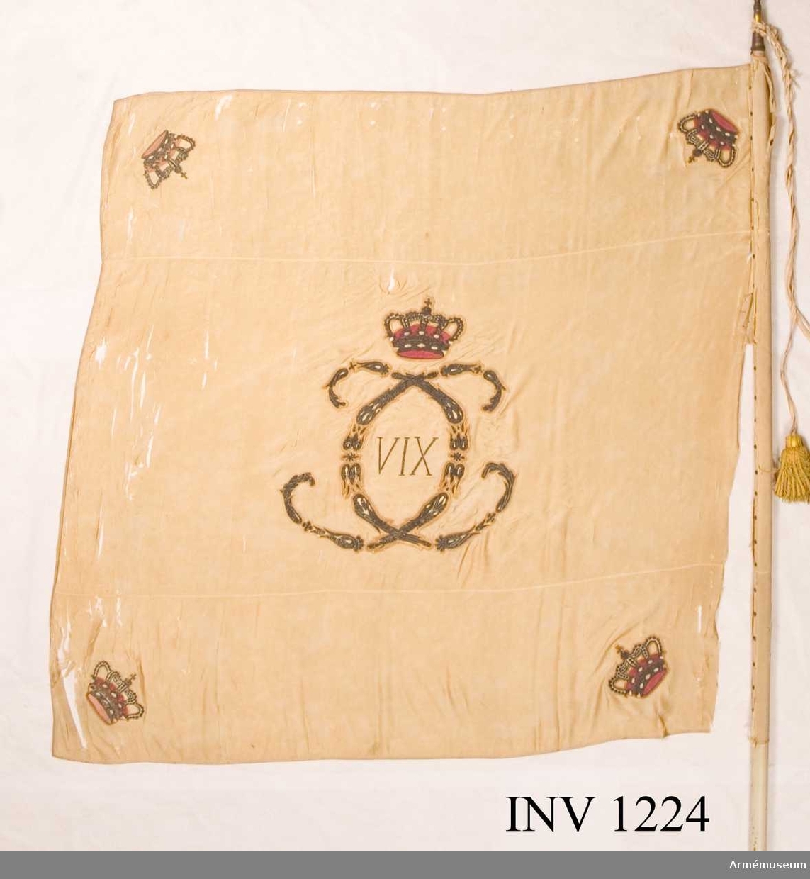 På det gulvita kyprade fansidenet sitter i mitten ett broderat monogram föreställande två motställda "C" inneslutande "XIV". Broderiet utfört i plattsöm med silke och silvertråd. Ovanför monogrammet sitter en kunglig krona utförd i plattsöm med foder i rött silke. I fanans hörn sitter snedställda kronor i rött silke. Fanspetsen har Karl XIV Johans monogram, dock mycket ärgat. Fanstången är gulvitmålad. Kravatten, den lilla del som återstår, är uppsydd på ett bomullsband.