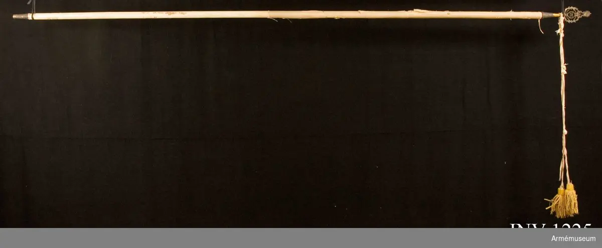 På det gulvita kyprade fansidenet sitter i mitten ett broderat monogram föreställande två motställda "C" inneslutande "XIV". Broderiet utfört i plattsöm med silke och silvertråd. Ovanför monogrammet sitter en kunglig krona utförd i plattsöm med foder i rött silke. I fanans hörn sitter snedställda kronor i rosa silke, d v s bleknat. Fanspetsen har Karl XIV Johans monogram, dock mycket ärgat. Fanstången är gulvitmålad. Kravatten, den lilla del som återstår, är uppsydd på ett bomullsband. Fodral hör till fanan.