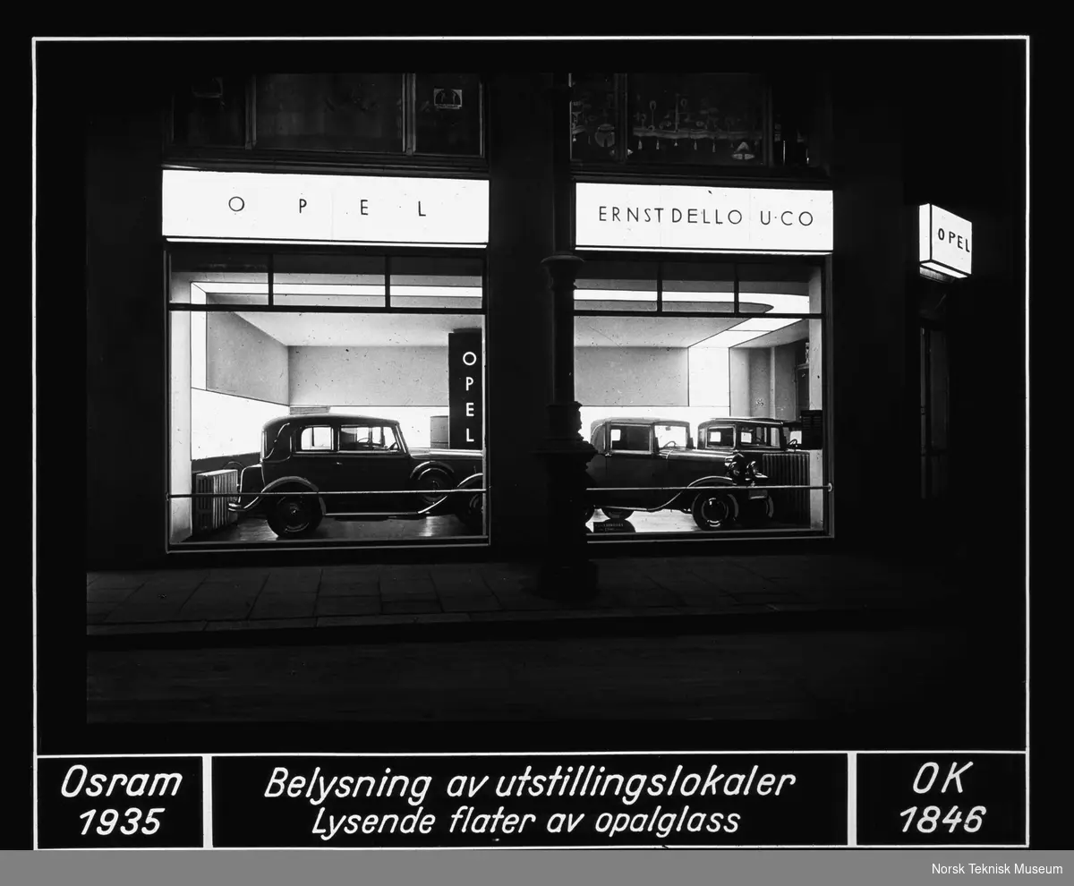 Opplyste vindusutstillinger, bilforretning, Opel, 1935
