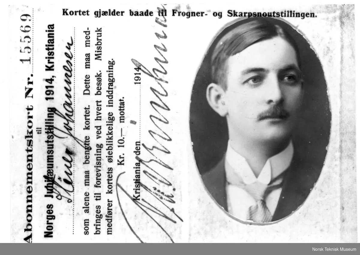 Abonnementskort nr. 15569 til Norges Jubilæumsutstilling 1914, Kristiania, tilhørende Stener Johannesen