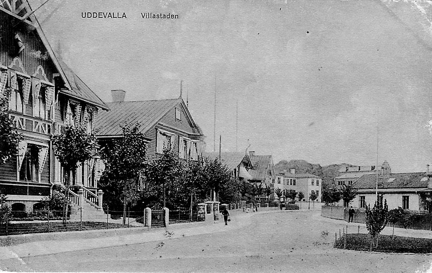 Tryckt text på vykortets framsida: "Uddevalla. Villastaden".


