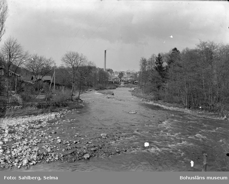 Text som medföljde bilden: "Hagafors till vänster, taget från Hedeholm mot bruket. Handlande Mattsson Hagafors. Bakgrunden Munkedals fabrik i bakgrunden."